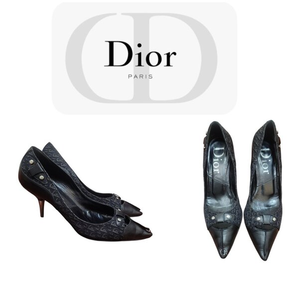 Christian Dior Monogram Heels 36 Black Logo Canvas Leather Pointed Toe Pumps - Picture 14 of 15